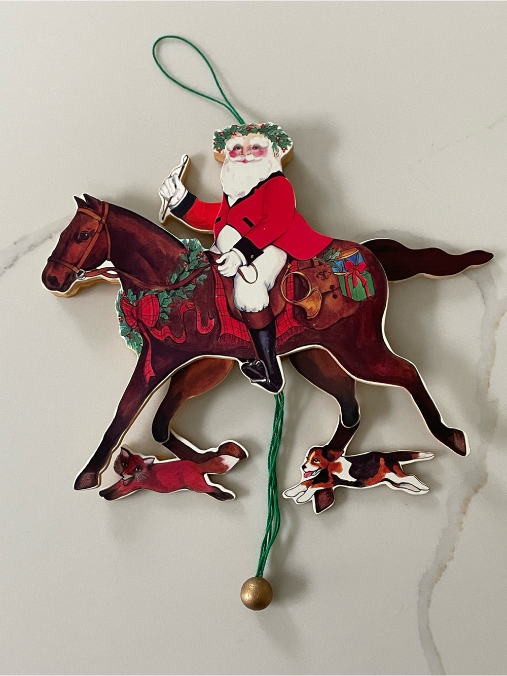 Vintage Wood Equestrian Foxhunt Santa Pull String Christmas Decor/Ornament